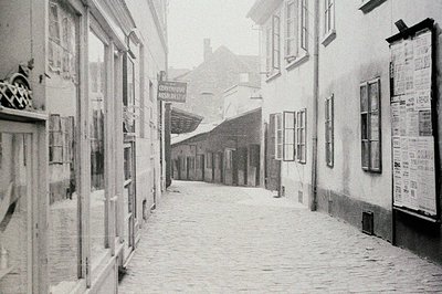 Narrow, cobbled street view in a European town. Buildings with tall, narrow windows line the sides, many with visible signage...