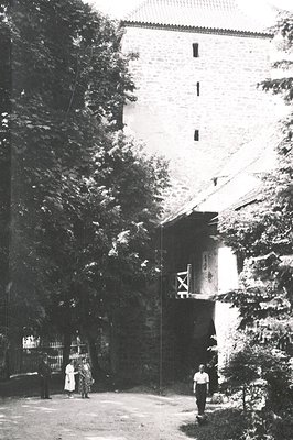 Monochrome image of a stone building with visible upper-floor windows & a tiled roof, partially obscured by dense foliage. Th...