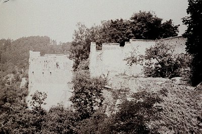 A monumental stone structure, likely a fortress or castle, rises from a wooded hillside. The architecture features crenellate...