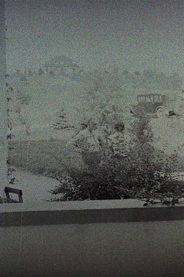 A monochromatic image depicting a forested hillside overlooking a structure, possibly a villa or estate. Likely early 20th ce...