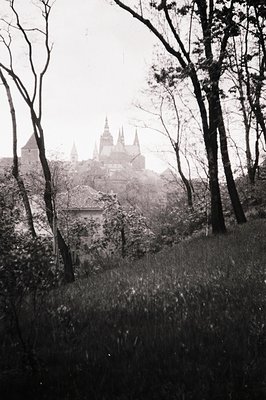 A black and white image shows Prague Castle rising above the city, framed by bare trees and overgrown foliage. The castle's s...