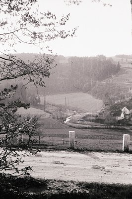 Overlooking a lush, grassy valley dotted with a small stream and a distant farmhouse. Visible rainfall creates a soft, diffus...