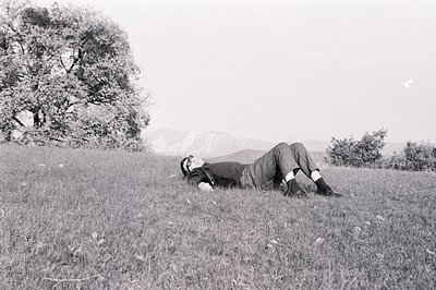 A man reclines in tall grass, face tilted back, wearing a suit, tie, and striped socks. A lush tree and distant mountains for...