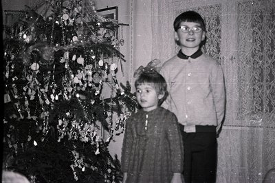 Two children, a boy with glasses and a girl with a bow, stand before a heavily decorated Christmas tree. The setting appears ...