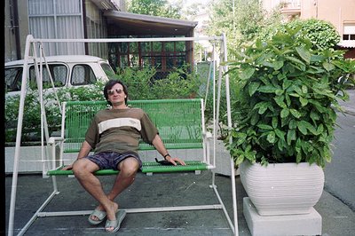 Man relaxes on a white metal and green plastic bench swing. Casual attire, sunglasses, seated outdoors near a large potted pl...