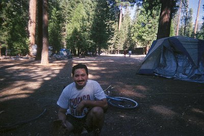 A man sits cross-legged in a sun-dappled clearing, surrounded by towering pine trees & a tent. He wears a "Chicago" branded t...