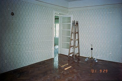 An empty room featuring wallpaper with a repeating diamond pattern and dark, polished wooden flooring. A wooden ladder stands...