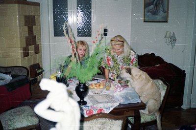 Two women seated at a table covered with a floral tablecloth, appear to be engaged in conversation within a richly decorated ...
