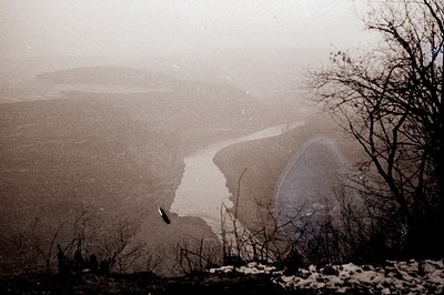 Atmospheric, monochrome landscape depicting a meandering river valley veiled in mist. Bare trees frame the view; snow patches...
