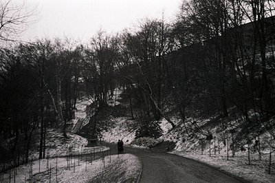 A winding road ascends through a snow-dusted hillside forested with bare trees. Two figures in dark coats walk along the road...