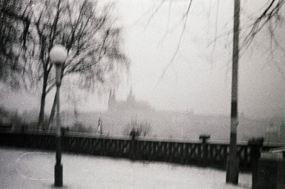 A grayscale image captures a snow-covered park scene, likely a seaside location. A wrought-iron fence and bare trees frame a ...