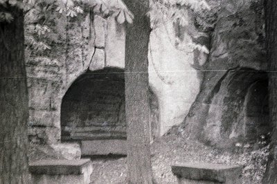 A stone staircase leads to an arched doorway, framed by dense foliage. The architectural detail suggests a courtyard or garde...