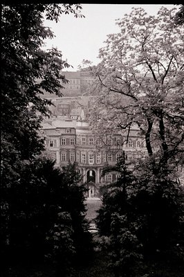 A stately, symmetrical building with a prominent arched entrance sits atop a gentle slope, framed by foliage. The architectur...
