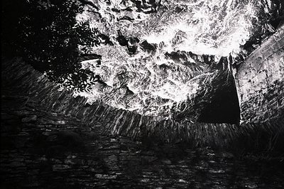 Dramatic, high-angle shot reveals a stone well shaft. Rough-hewn walls spiral upwards to a bright opening. Dense foliage is v...