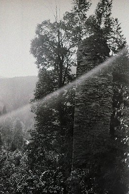 Ruined stone structure stands prominently against a misty, forested hillside. Sunlight streaks through the trees, illuminatin...