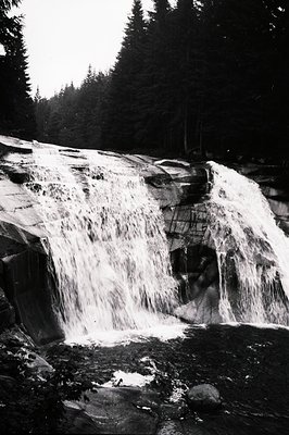 Dramatic black and white photo captures a tiered waterfall cascading over smooth, moss-covered rock formations. Dense conifer...