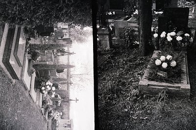 A black and white diptych showcasing a formal cemetery landscape. Left panel shows rows of stone monuments and graves with or...