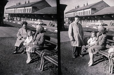 Two black-and-white photos show a woman and young child on a park bench, possibly at a train station. A man approaches, likel...