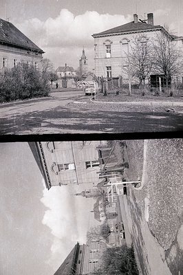 A two-part black and white streetscape, likely 1960s-1970s. Features a stately, two-story building with a symmetrical facade ...