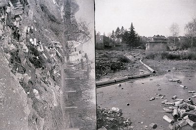 A stark, split-tone view depicts environmental neglect. Left: A hillside choked with discarded metal cans & debris. Right: A ...