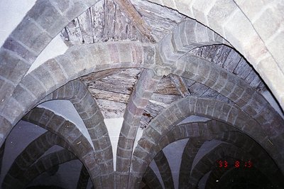 Detailed view of ribbed vaulting, showcasing complex stone construction and intersecting arches. The textured ceiling reveals...