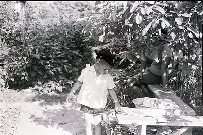 A young boy in shorts and a short-sleeved shirt, wearing a hat, stands beside a weathered wooden table covered with gardening...