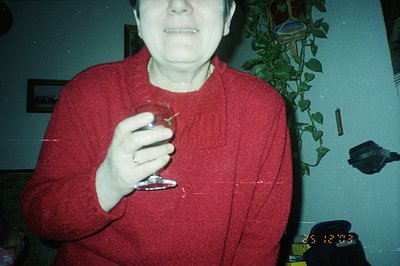 A portrait shows a person in a vibrant red sweater, holding a stemmed glass. Visible behind them is a leafy green plant and a...