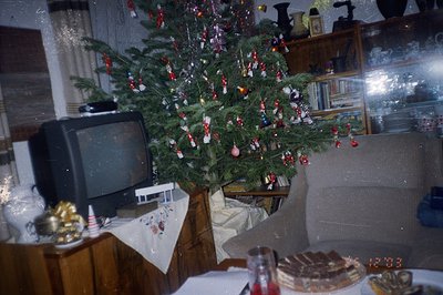 A decorated Christmas tree stands prominently in a living room, next to a vintage television and a well-worn armchair. A fest...
