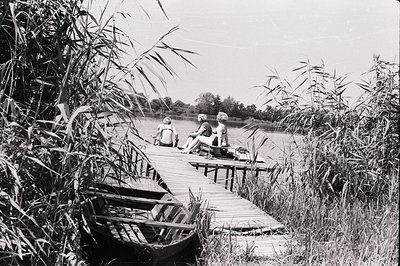Two young women relax on a weathered wooden boardwalk extending into a still lake. Tall reeds dominate the foreground, partia...