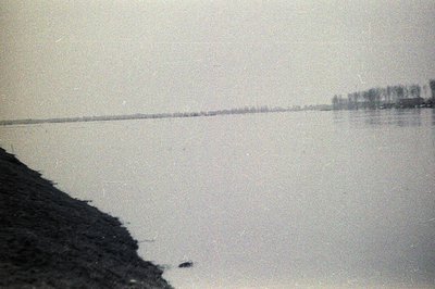 Monochrome photograph depicting a wide expanse of water, likely a lake or sea, edged by a dark shoreline. Sparse trees line t...