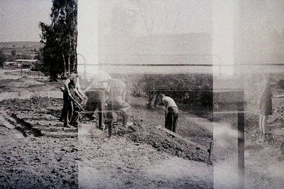 A rural scene depicting two men cultivating a field with a plow drawn by oxen. Likely Eastern European, possibly Bulgaria jud...