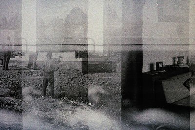 Fragmented view of a man standing in a grassy area with a building visible behind, overlaid with a second, blurred image of a...