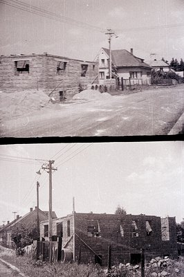 Here are the descriptions for the two photographs, following all given instructions: **Image 1:** Derelict brick building fac...