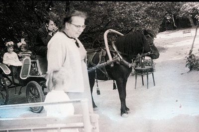 A black and white photo depicts a man in a carriage pulled by a horse. A young girl sits in the carriage with an older man in...