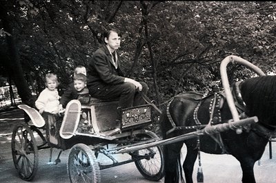 A man drives a horse-drawn carriage carrying two young children in a leafy, park-like setting. The carriage features ornate m...