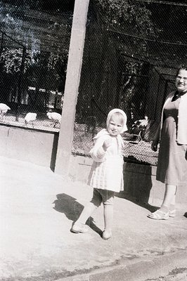 A young child in a hooded dress and sandals stands near a wire fence enclosure, likely a zoo or farm. A woman stands slightly...