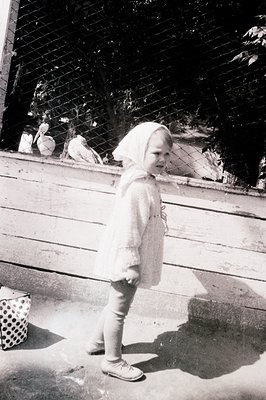 A young child, dressed in a dress and head covering, stands on a raised wooden platform. Several white birds (likely seagulls...