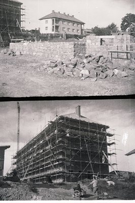 **Image 1:** Construction site with a retaining wall, rubble, and a partially completed building under construction. A multi-...