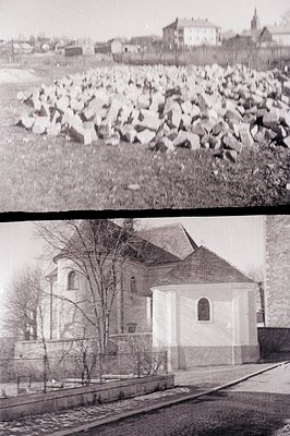 Image 1: A large pile of rubble and debris dominates the foreground, suggesting demolition or a construction site. In the bac...