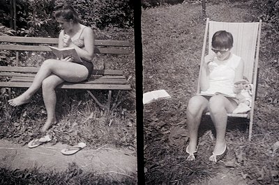 Two candid black and white photos show young women immersed in reading. One sits on a weathered bench, barefoot, in a casual ...