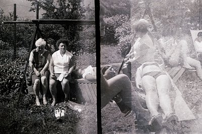 Pair of 1960s-era candid snapshots depicting a group enjoying a leisure day outdoors. The first shows two women seated on a w...