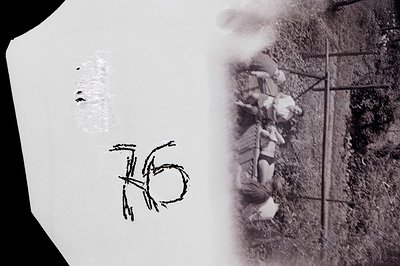A sharply angled, grayscale image depicts a figure in mid-air, seemingly leaping over a low fence with foliage visible beyond...