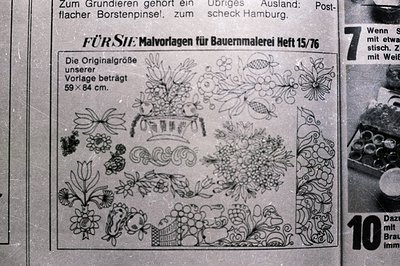 Detailed floral designs in black linework, likely intended for decorative painting or embroidery. A vintage “Malvorlagen für ...