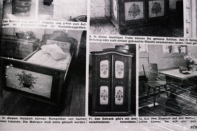 A black and white photograph of interior design elements, likely from a catalog or promotional material. Features a wooden sl...