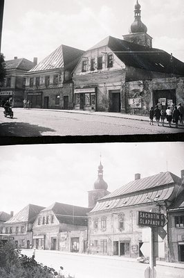 <start_of_image>Český Krumlov town square c. 1960s, shows historic buildings with detailed facades, cobblestone streets, and ...