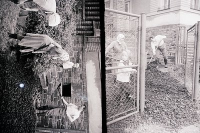 Triptych-style photograph depicts figures engaging in garden work. Left panel shows three people near a brick wall, likely pl...