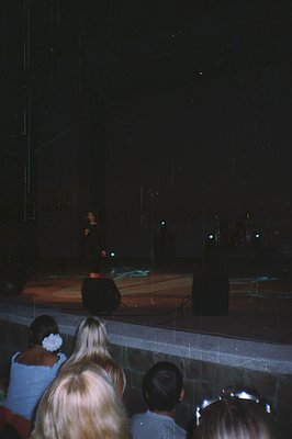A nighttime performance stage viewed from a stone retaining wall. A woman in a red dress stands center stage near a microphon...