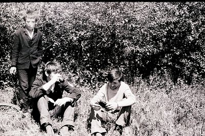Three young men, casually dressed, occupy a grassy area densely overgrown with foliage. Two sit amidst the tall grass, while ...