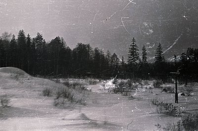 A snow-covered landscape with a small, artificial snow mound on the left, likely part of a ski area. Dense pine forest domina...