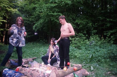 A group of three young people are depicted in a lush, wooded setting. Two men, one shirtless, stand near a fallen log laden w...